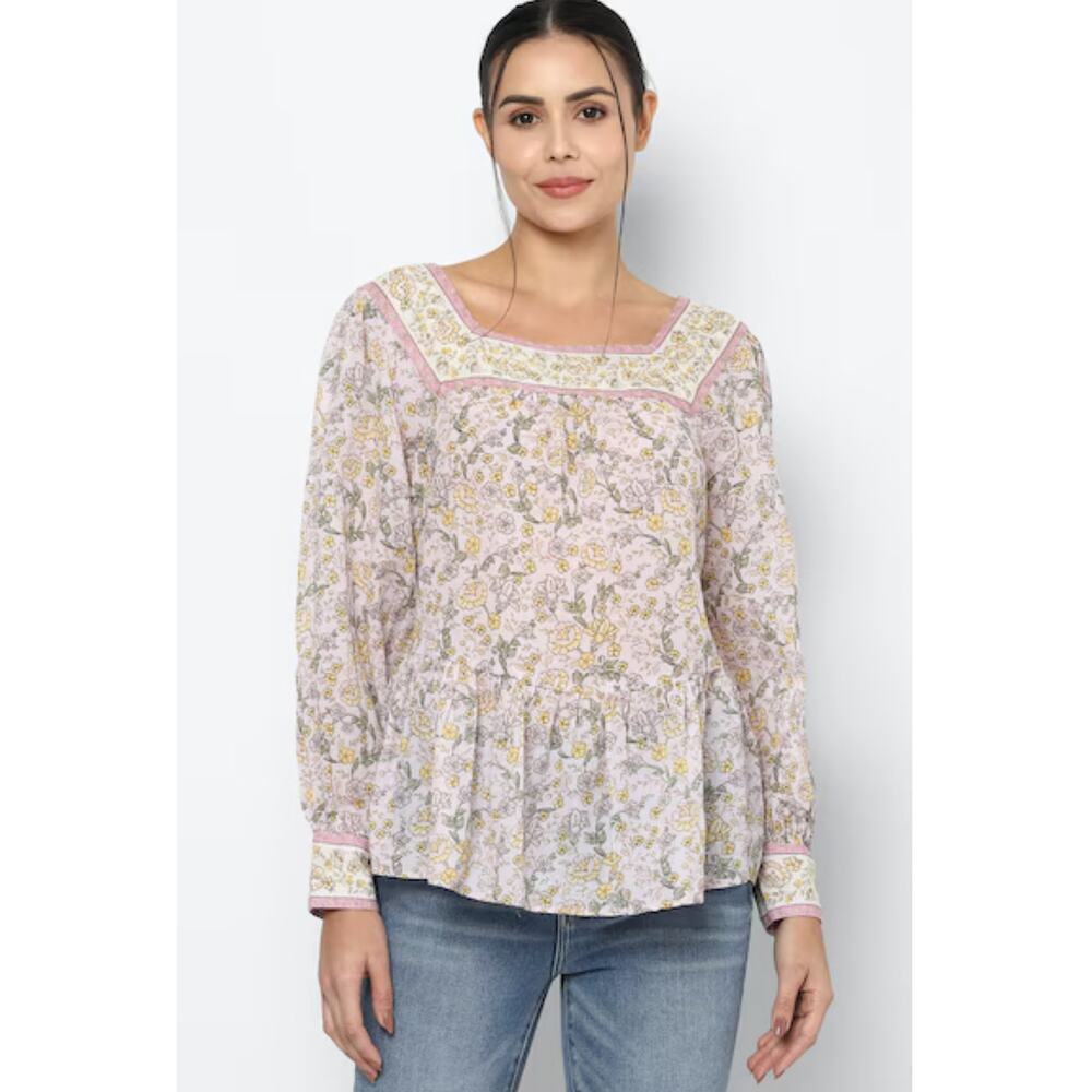 American Eagle Pink Yellow Floral Boho Peasant Top Long Sleeve Blouse size XS